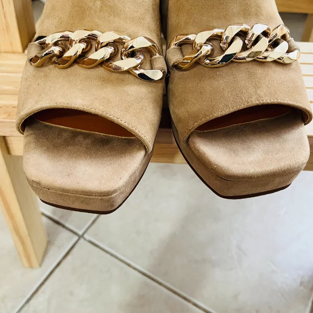 Suede Platform Slides with Gold Chain